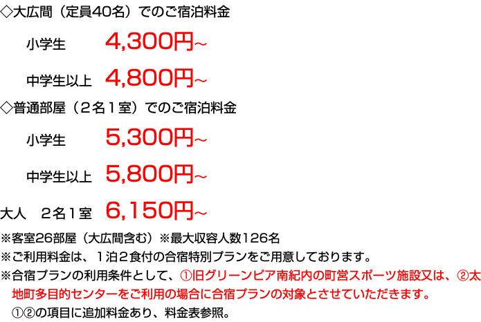 ◇大広間（定員40名）でのご宿泊料金 小学生 4,300円〜 中学生以上　4,800円〜 ◇普通部屋（２名１室）でのご宿泊料金 小学生 5,300円〜 中学生以上　5,800円〜 大人　２名１室　6,150円〜 ※客室26部屋（大広間含む）※最大収容人数126名 ※ご利用料金は、１泊２食付の合宿特別プランをご用意しております。 ※合宿プランの利用条件として、①旧グリーンピア南紀内の町営スポーツ施設又は、②太地町多目的センターをご利用の場合に合宿プランの対象とさせていただきます。 ①②の項目に追加料金あり、料金表参照。